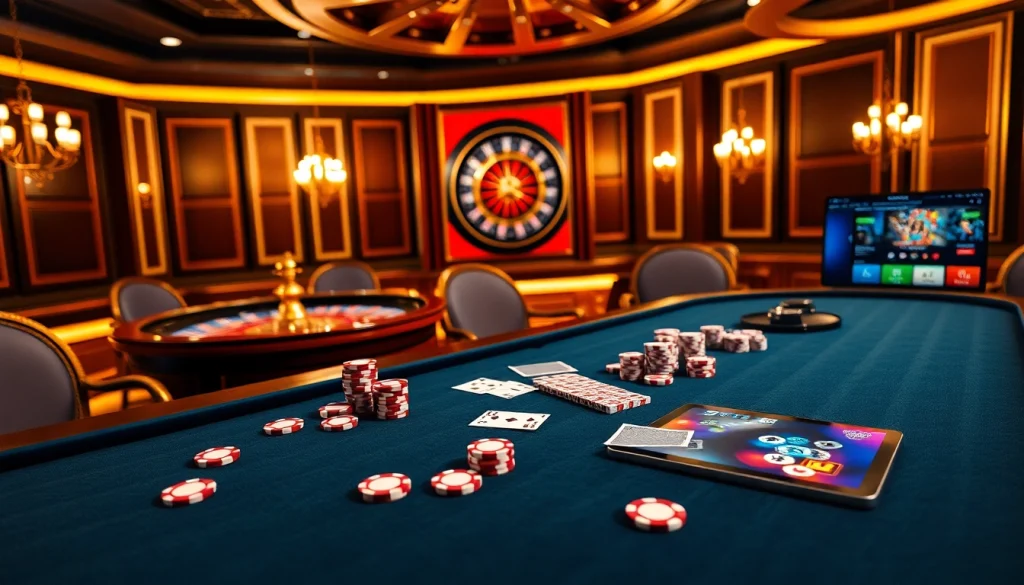 Play online IDN poker at a luxurious table filled with vibrant chips in an elegant casino setting.