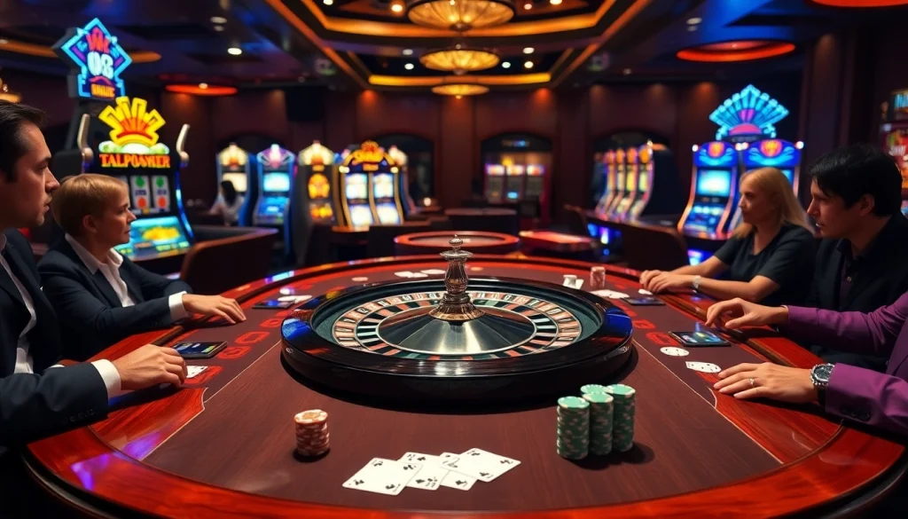 MAX88 gaming table with vibrant poker chips and cards in a luxurious casino environment.