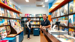 Engaging scene at a print shop Edmonton, featuring staff helping a customer with vibrant print products.