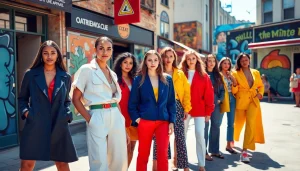 Fashion and Apparel models in colorful outfits on a busy urban street, showcasing style and confidence.