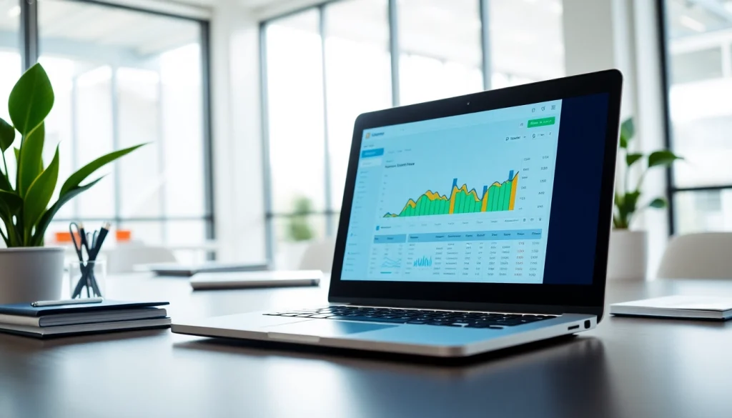 View of an SEO Rank Tracker dashboard on a modern laptop in a professional office.