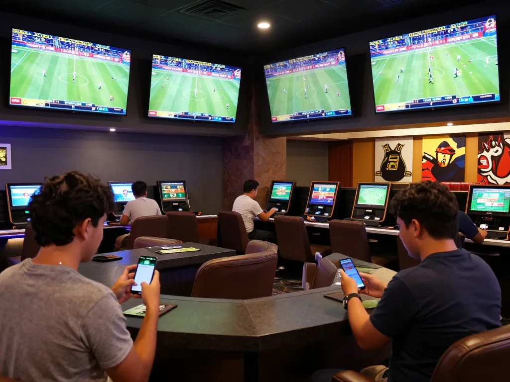 Engaged bettors at 28bet's upscale sportsbook using smartphones for live betting while enjoying vibrant game atmosphere.