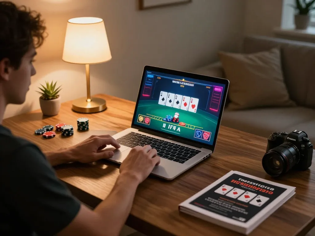 Player strategizing on 98win blackjack game at home with laptop and notes.