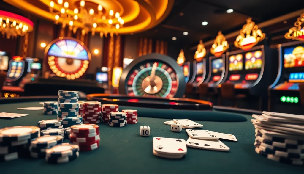 Action à enjeux élevés à une table de casino en ligne luxueuse avec des cartes et des jetons.