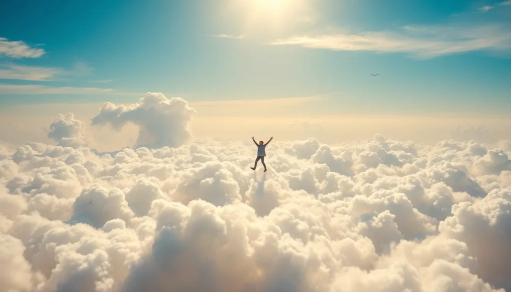 Person walking on clouds in a serene sky, exuding joy and freedom.