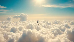 Person walking on clouds in a serene sky, exuding joy and freedom.
