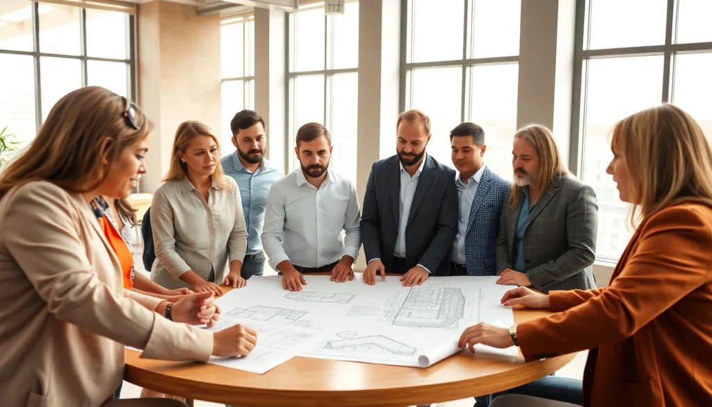 Engaging construction association professionals collaborating on project plans and blueprints.