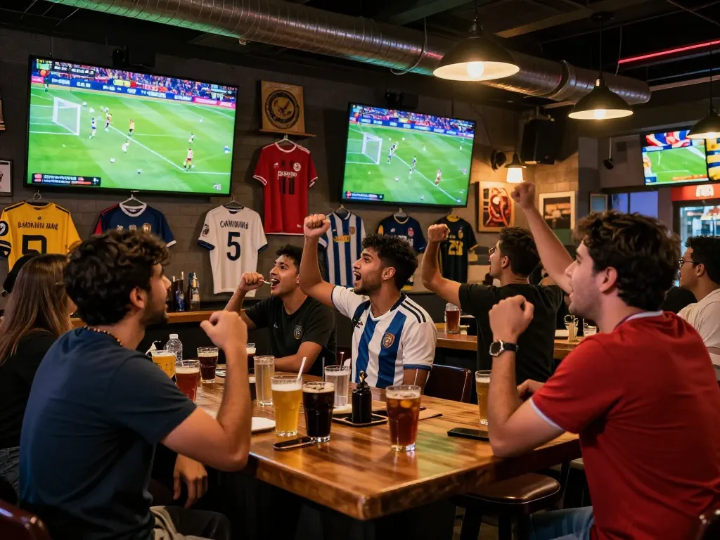 Fans enjoying a lively atmosphere while watching Cakhia tv live soccer matches at a vibrant sports bar, showcasing excitement and community.