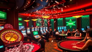 RR88 slot machines and roulette wheel in a luxurious casino setting, showcasing excitement.