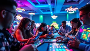Engaging gaming scene at 789club with players enjoying diverse casino games on modern devices.