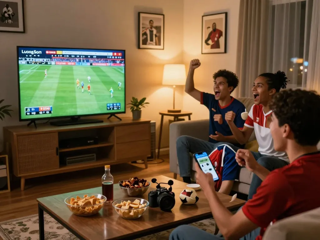 Enjoying live sports on luongsontv with friends in a joyful setting