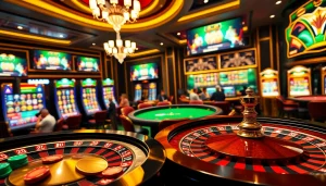 Scène de casino en ligne pleine d'action avec une roulette vibrante et des jetons de poker, illustrant l'excitation du jeu en ligne.