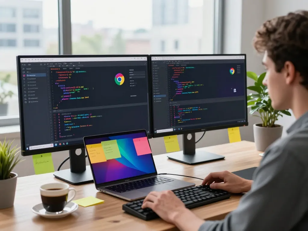 开发者的工作区，展示了谷歌浏览器的自定义功能，双屏上有生动的代码。