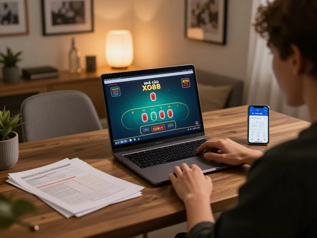 Engaged player using the NHÀ CÁI XO88 app for a strategic blackjack game in a cozy home office setting.