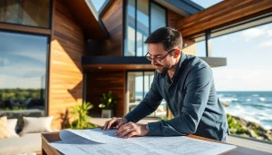 New England residential architect designing a modern home in a coastal setting, emphasizing creativity and professionalism.