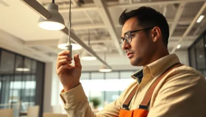 Lighting service maintenance technician inspecting a fixture for quality and safety measures.