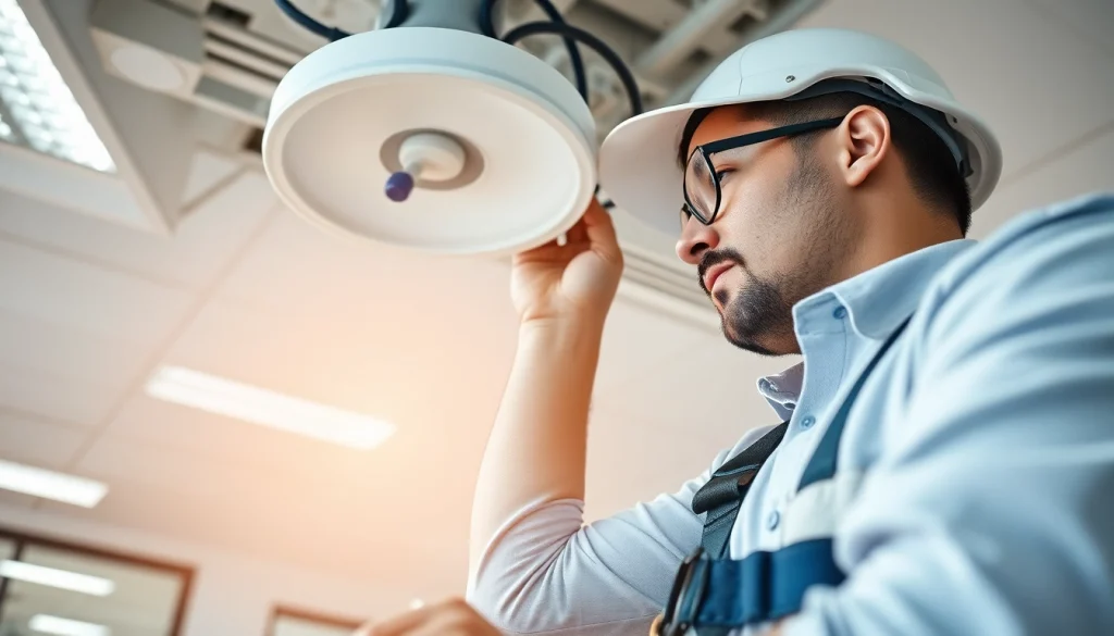 Technician providing lighting service maintenance, ensuring safety and functionality.