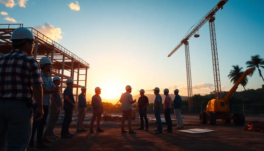 Engaging scene of Hawaii construction news with diverse professionals collaborating at a vibrant site.