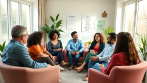 Promoting mental health awareness during a group therapy session with supportive conversation.