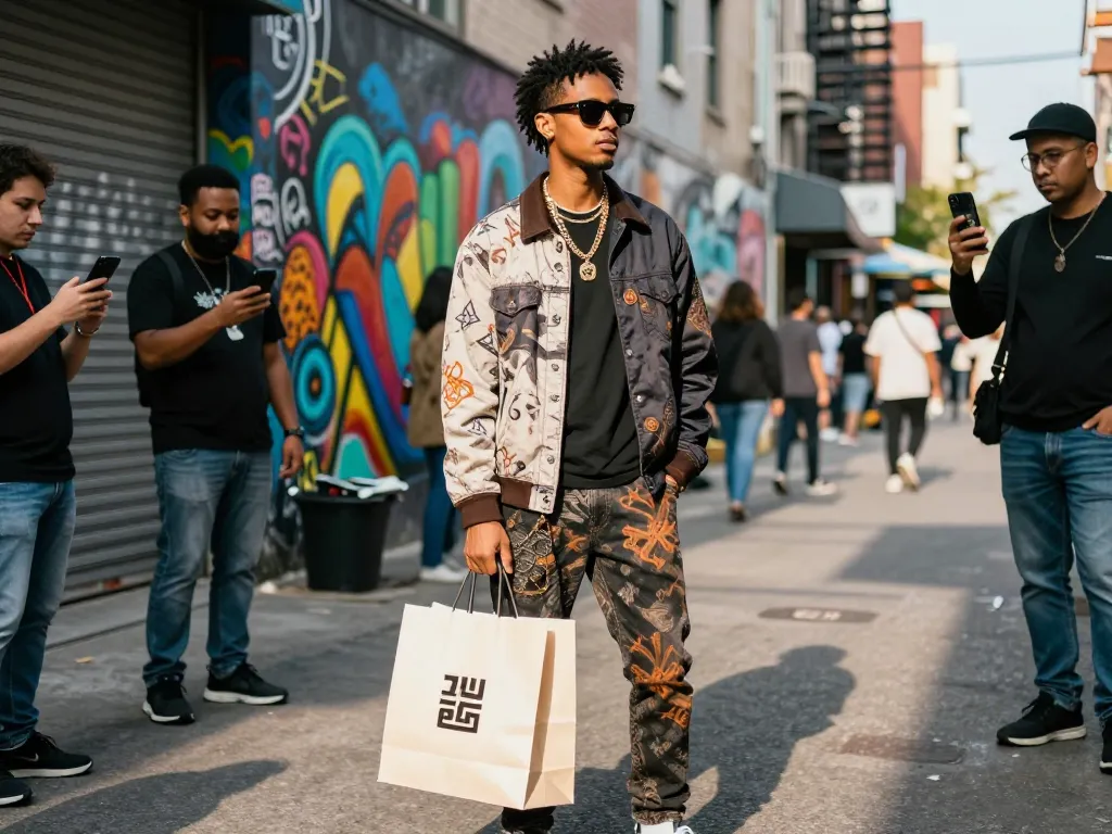 Trendy individual showcasing stylish 레플리카 accessories in a vibrant urban setting.