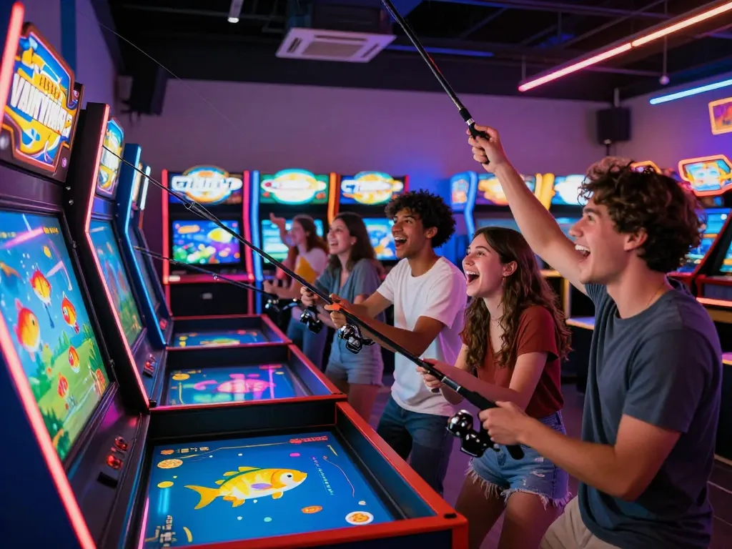 朋友们在充满色彩的街机游乐场享受捕鱼娱乐的精彩场景，充满了欢声笑语和兴奋感。