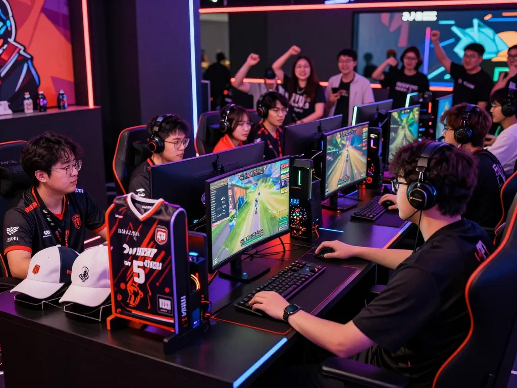 Gaming enthusiasts celebrate at ligasedayu esports tournament, showcasing lively atmosphere and branded merchandise.