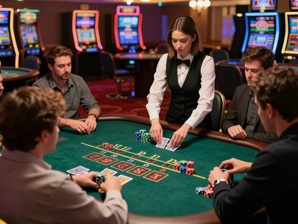 Intense blackjack game at KP88 casino showcasing players deeply engaged in strategic gameplay.
