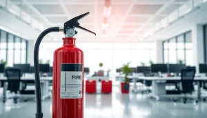 Enhance safety with an electrical fire extinguisher prominently displayed in a modern office.