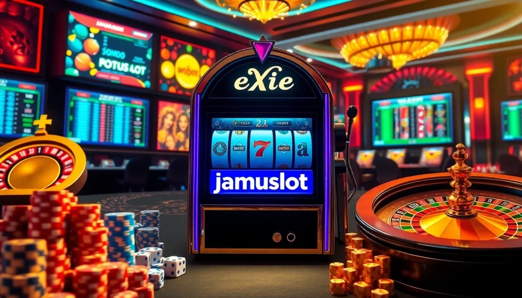 Experience the excitement of jamuslot gaming with vibrant slot machines and casino elements.