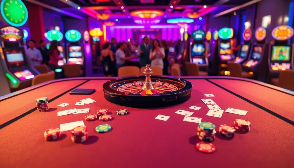 33WIN poker players engaging around a vibrant gaming table filled with colorful chips.