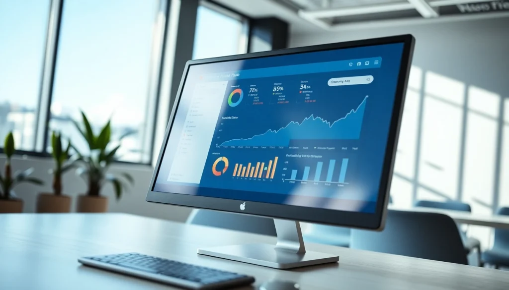 View of an SEO Rank Tracker dashboard showcasing performance metrics in a professional office.