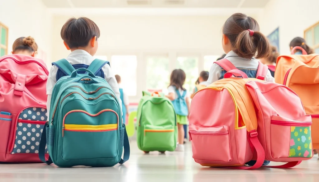 ランドセル おすすめ — 明るい学校環境の中でカラフルな通学バッグを展示