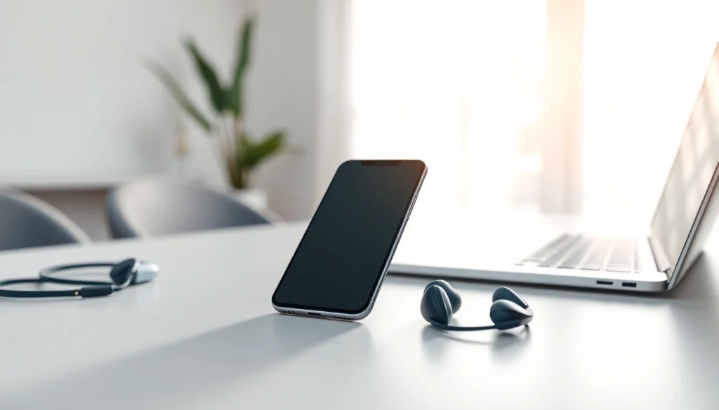 Smartfony na nowoczesnym biurku z minimalistycznym laptopem i słuchawkami bezprzewodowymi.