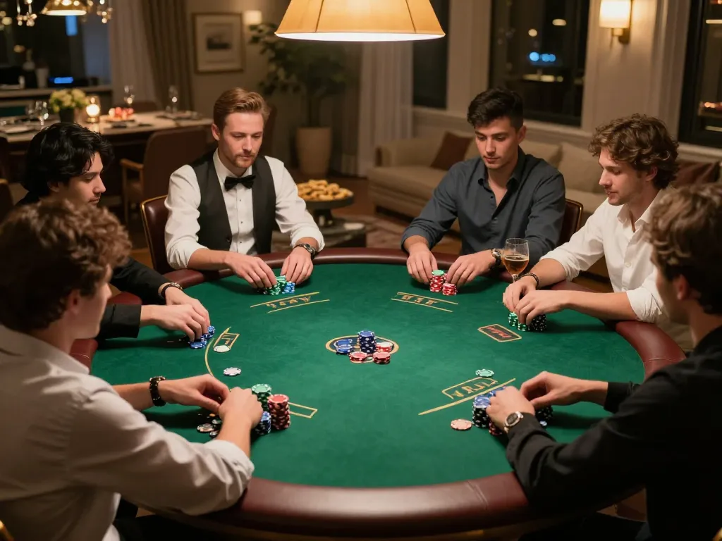 Engaged players in a high-stakes poker game showcasing link slot gacor strategies in a luxurious setting