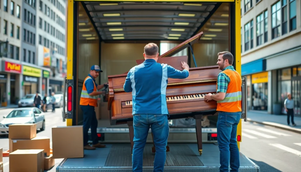 Provincial movers expertly load an antique piano into a truck during a bustling urban move.