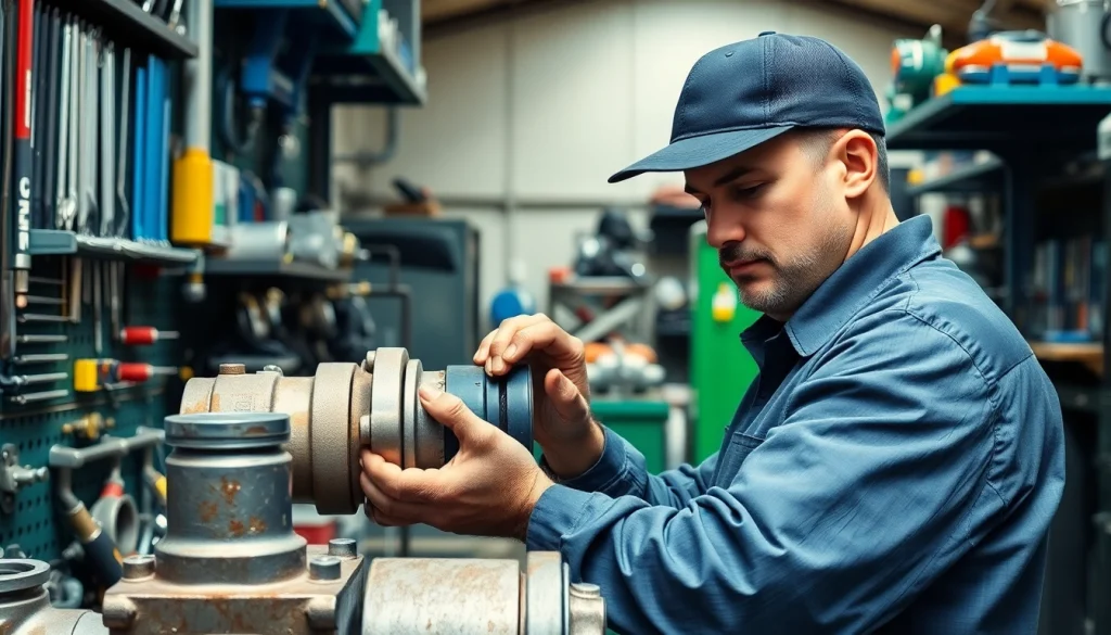 Expert performing hydraulic repair services in an equipped workshop with tools.