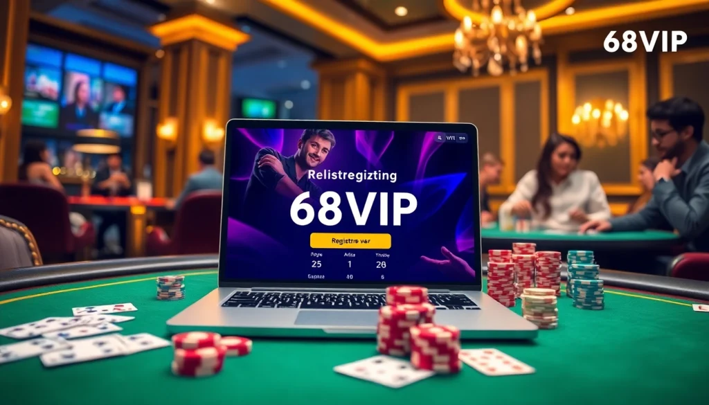 Experience registering at 68VIP, online casino platform with vibrant gambling visuals.