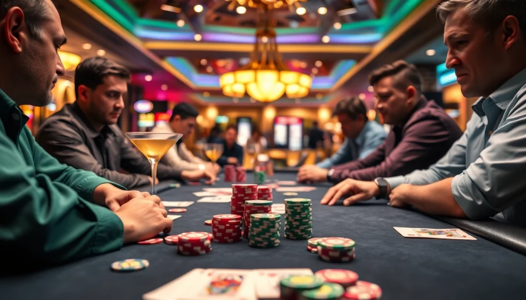 Permainan idn poker yang mendebarkan di meja kasino dengan suasana yang penuh semangat.