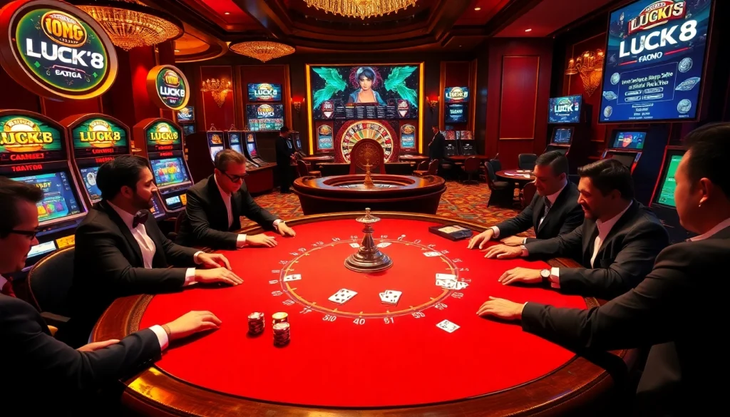LUCK8 gamblers strategizing at a high-stakes poker table in a luxury setting.