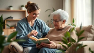 Elderly in home care near me: devoted caregiver assisting senior in a warm living environment.