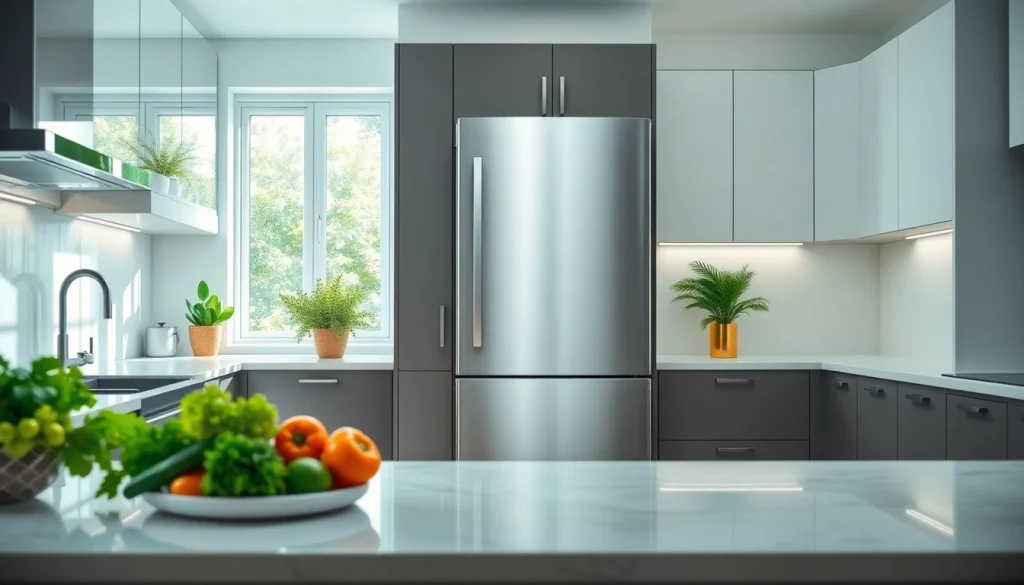 Modern Refrigerator in a bright professional kitchen with fresh produce on the countertop.