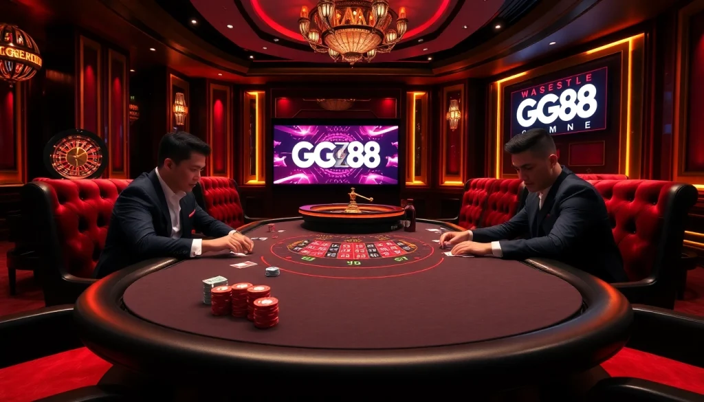 Players enjoying a game at GG88 casino table with vibrant elements and professional atmosphere.