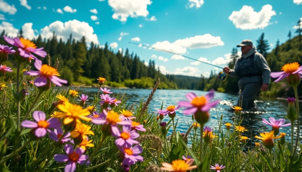 Fly fishing gifts showcased in a serene river scene with a joyful fisher casting their line.