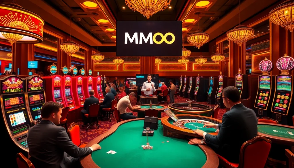 Experience luxury and excitement at MMOO's premier casino with vibrant slot machines and players strategizing.