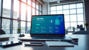 在专业工作区的现代笔记本电脑上显示的快连 VPN 界面。