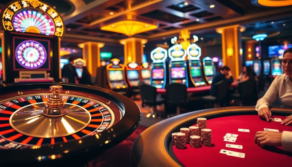 Exciting gambling scene at https://68vip.ac/ showcasing luxury poker tables, vibrant slot machines, and roulette wheels.