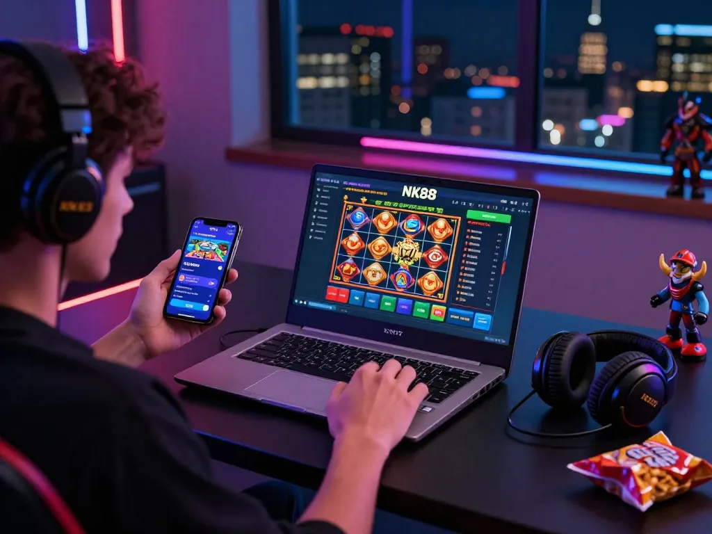 Engaged player enjoying NK88 online gaming experience with vibrant casino interface on laptop.