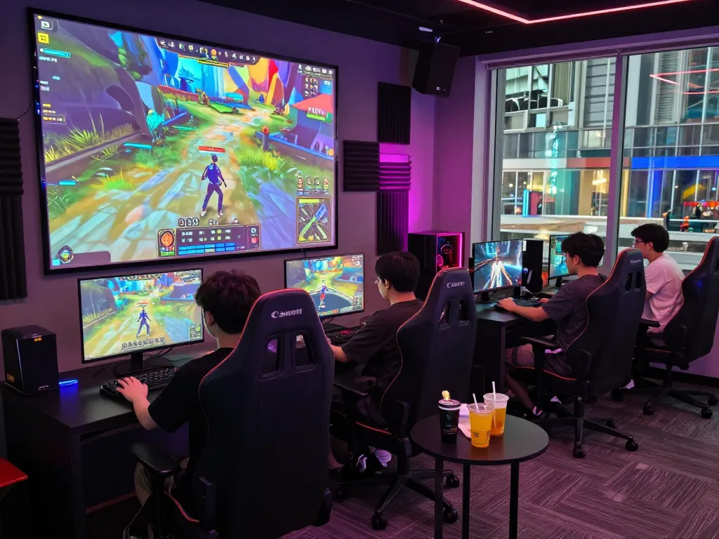 Gamers enjoying multiplayer action on ligasedayu.com in a colorful gaming room