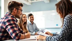 Engaging exam help session with a tutor interacting with students in a bright classroom.