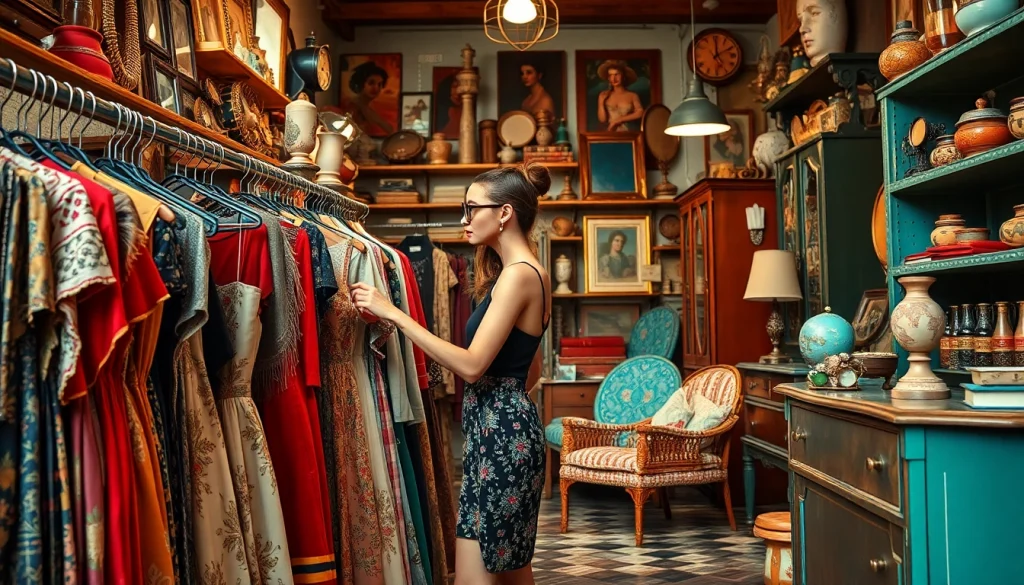 Shopper exploring unique items in a second hand shop filled with vintage clothing.